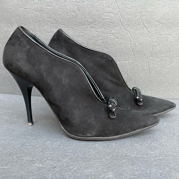 Vintage Icone Black Suede Heels 38.5/US 7.5 Italy Patent Bow 90s - Picture 5 of 10